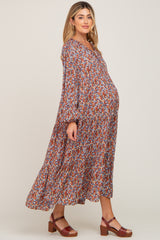 Rust Floral Tiered Long Sleeve Maternity Dress