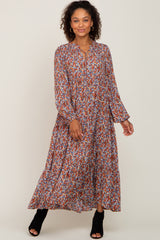 Rust Floral Tiered Long Sleeve Dress