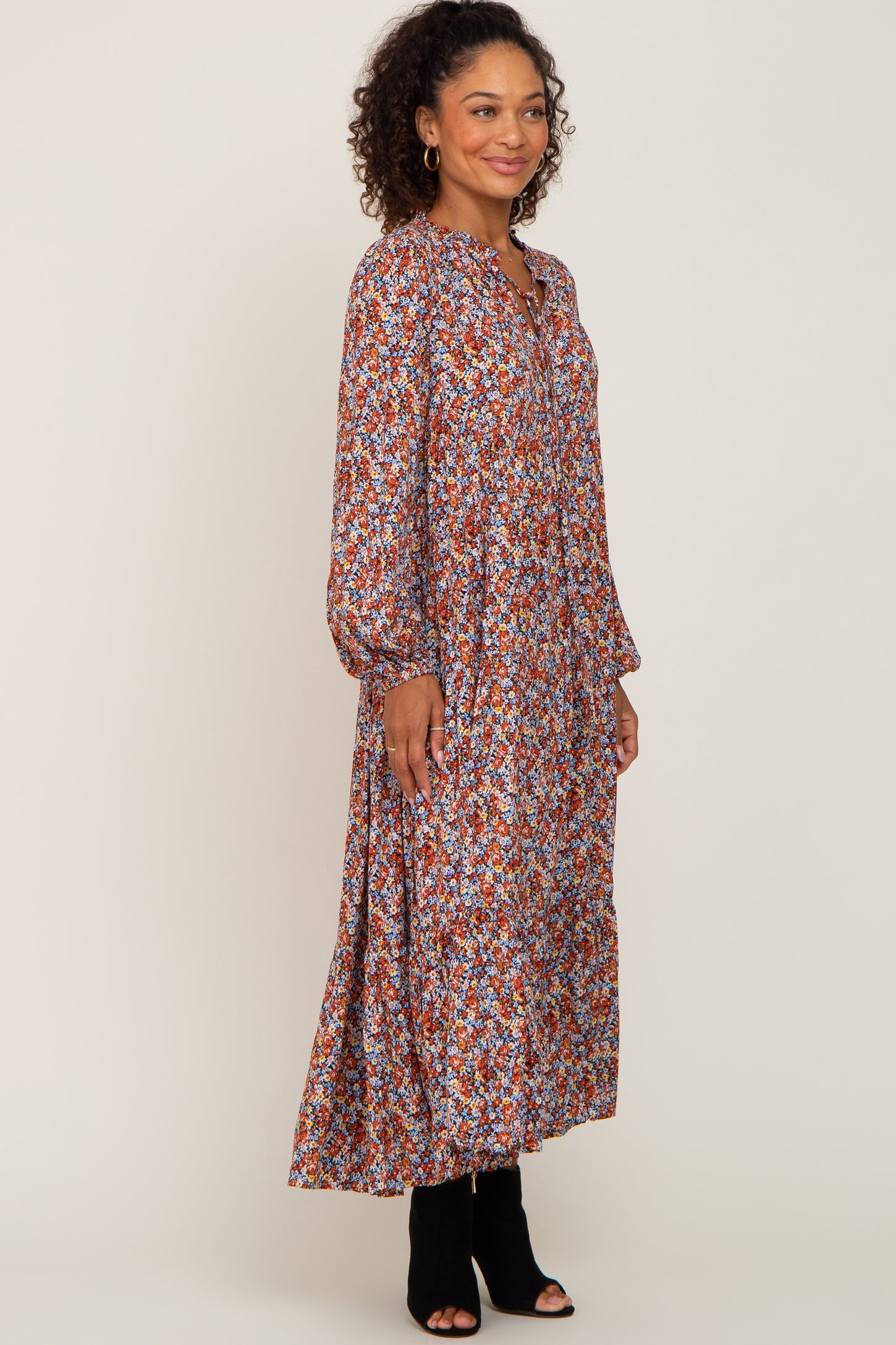 Rust Floral Tiered Long Sleeve Dress – PinkBlush