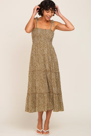 Mocha Animal Print Smocked Midi Dress