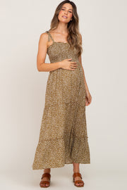 Mocha Animal Print Smocked Maternity Midi Dress