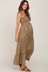 Mocha Animal Print Smocked Maternity Midi Dress