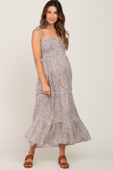 Cream Animal Print Smocked Maternity Midi Dress