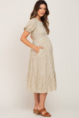 Cream Floral Smocked Maternity Midi Dress