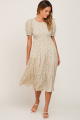 Cream Floral Smocked Midi Dress