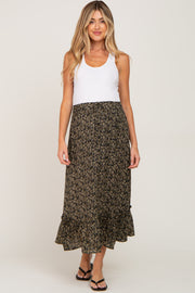 Black Floral Button Accent Maternity Midi Skirt