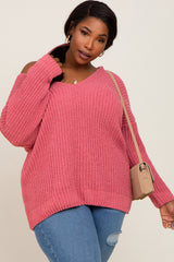 Salmon Chenille Knit V-Neck Maternity Plus Sweater