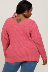 Salmon Chenille Knit V-Neck Plus Sweater