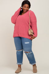 Salmon Chenille Knit V-Neck Plus Sweater