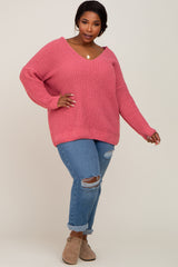 Salmon Chenille Knit V-Neck Plus Sweater