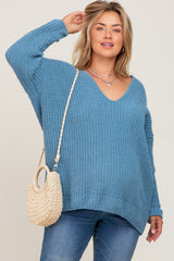 Blue Chenille Knit V-Neck Maternity Plus Sweater