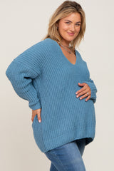 Blue Chenille Knit V-Neck Maternity Plus Sweater