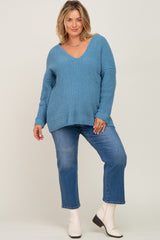 Blue Chenille Knit V-Neck Maternity Plus Sweater