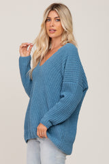 Blue Soft Knit V-Neck Sweater