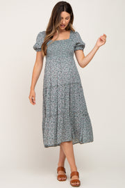 Teal Ditsy Floral Smocked Tiered Maternity Midi Dress