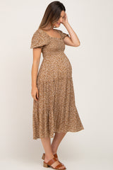 Gold Ditsy Floral Smocked Tiered Maternity Midi Dress