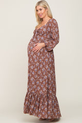 Mocha Floral Tie Front Maternity Maxi Dress