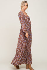 Mocha Floral Tie Front Maxi Dress