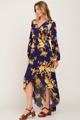 Navy Blue Floral Wrap Hi-Lo Dress