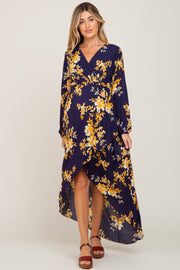 Navy Blue Floral Maternity Wrap Hi-Lo Dress