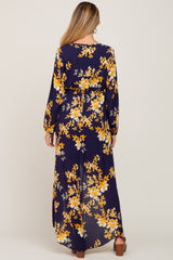 Navy Blue Floral Maternity Wrap Hi-Lo Dress