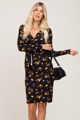 Black Floral Ribbed Long Sleeve Dress