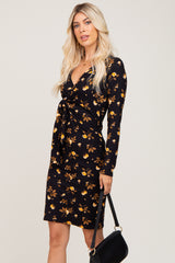 Black Floral Ribbed Long Sleeve Dress