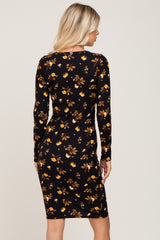 Black Floral Ribbed Long Sleeve Dress