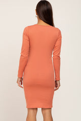 Rust Ribbed Cutout Front Tulip Hem Maternity Dress