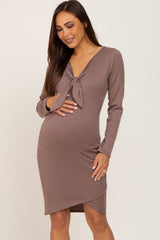 Brown Ribbed Cutout Front Tulip Hem Maternity Dress