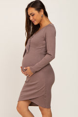 Brown Ribbed Cutout Front Tulip Hem Maternity Dress