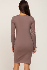 Brown Ribbed Cutout Front Tulip Hem Maternity Dress