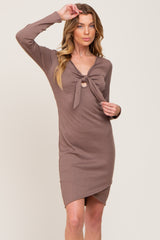 Brown Ribbed Cutout Front Tulip Hem Dress