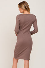 Brown Ribbed Cutout Front Tulip Hem Dress