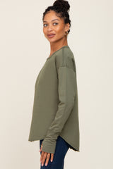 Olive Raw Hem Basic Long Sleeve Top