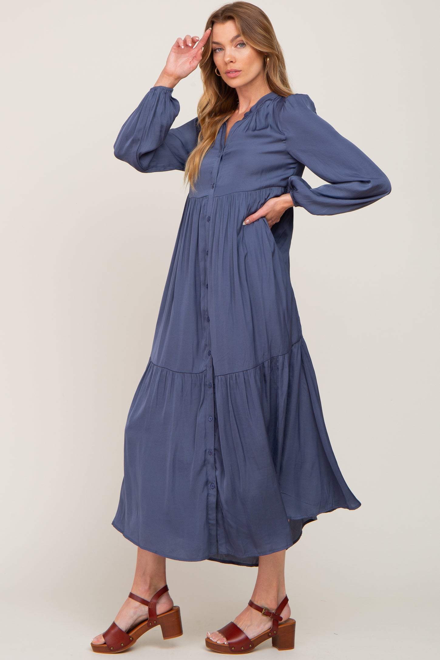 Navy Long Sleeve Tiered Maxi Dress – PinkBlush