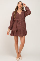 Brown Grid Print Collared Tassel Tie Maternity Dress