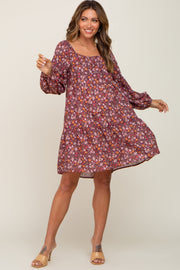 Burgundy Floral Long Sleeve Maternity Dress