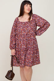 Burgundy Floral Long Sleeve Plus Dress