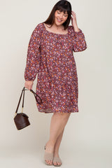 Burgundy Floral Long Sleeve Plus Dress