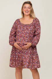 Burgundy Floral Long Sleeve Plus Maternity Dress