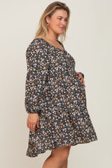 Black Floral Long Sleeve Plus Maternity Dress