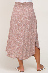 Taupe Floral Smocked Curved Hem Maternity Skirt