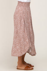 Taupe Floral Smocked Curved Hem Skirt