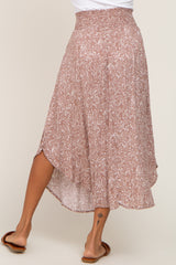 Taupe Floral Smocked Curved Hem Skirt