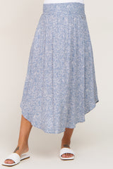 Blue Floral Smocked Curved Hem Maternity Skirt