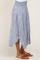 Blue Floral Smocked Curved Hem Skirt