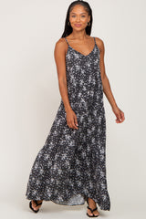 Charcoal Floral Sleeveless Tiered Maxi Dress