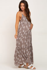 Mocha Floral Sleeveless Tiered Maternity Maxi Dress