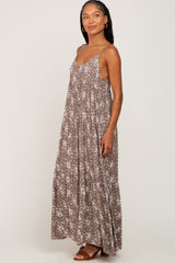 Mocha Floral Sleeveless Tiered Maxi Dress